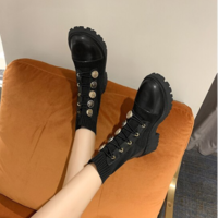 Fashion Lace up High Heels Mid Calf Black Round - Thumbnail 2