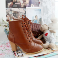 Fashionable British Style Round Headed Thick Heel - Thumbnail 4
