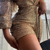 Chic V neck Wrap Sequin Sexy Long Puff Sleeve  - Thumbnail 2
