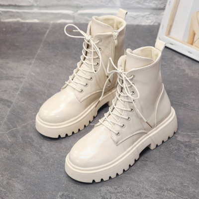 Beige black plush warm fur ankle boots