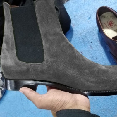 Elegant men's grey chelsea boot, hand stitch suede formal boot