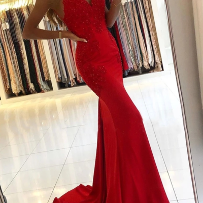 Mermaid v neck prom dress evening dress with lace - Thumbnail 4