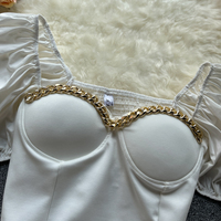Chain Strapless Short Puff Sleeve Back Elastic - Thumbnail 4