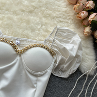 Chain Strapless Short Puff Sleeve Back Elastic - Thumbnail 5