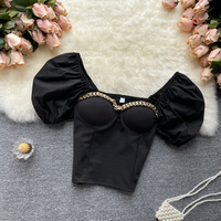 Chain Strapless Short Puff Sleeve Back Elastic - Thumbnail 1
