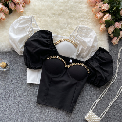 Chain strapless short puff sleeve back elastic