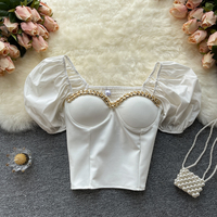 Chain Strapless Short Puff Sleeve Back Elastic - Thumbnail 2