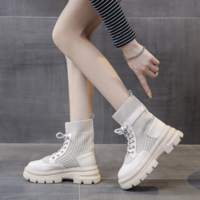 Fashion Lace Up Chunky Motorcycle Boots Female - Thumbnail 3