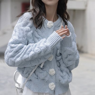 Rose flower floral button knit cute elegant girl women loose sweater pink cream blue cardigan