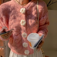 Rose Flower Floral Button Knit Cute Elegant Girl Women Loose Sweater Pink Cream Blue Cardigan - Thumbnail 9