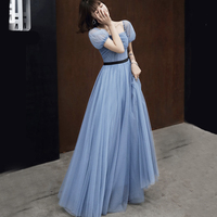 Blue tulle long prom dress blue evening dress - Thumbnail 1