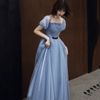 Blue tulle long prom dress blue evening dress - Thumbnail 5