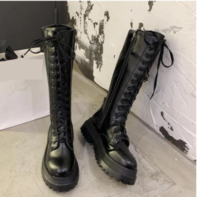 Chunky platform pu leather knee high boots