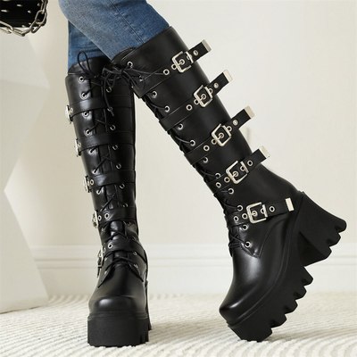 Buckle Chunky High Heels Black women's Boots 