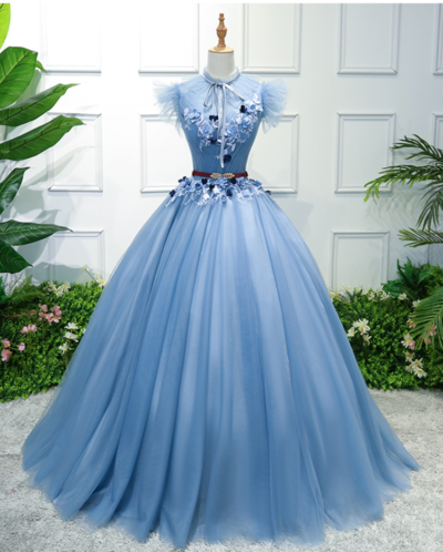 Elegent high neck ball gown prom dress with flower