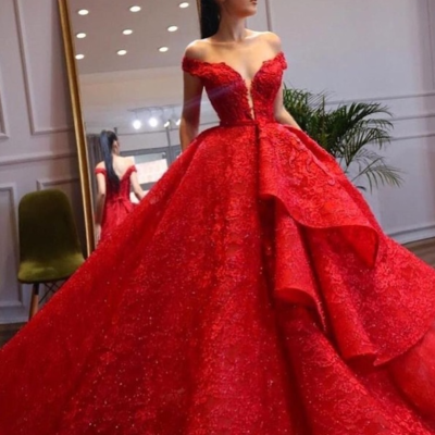 Off the shoulder red ball gown prom dresses with lace - Thumbnail 3