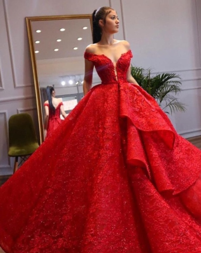 Off the Shoulder Red Ball Gown Prom Dresses with lace