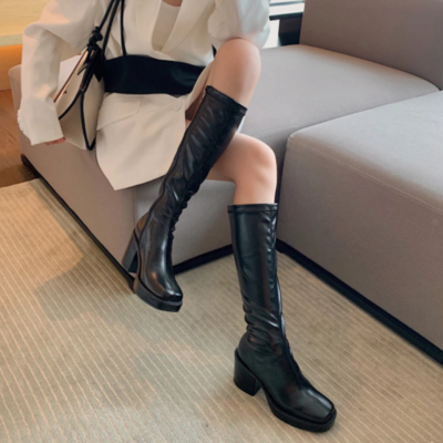 Knee-high boots woman leather high platform 
