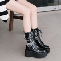 Black Platform Boots With Chain Buckle Women - Thumbnail 1