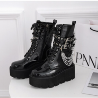 Black Platform Boots With Chain Buckle Women - Thumbnail 3
