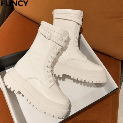 Trend white black personality motorcycle booties - Thumbnail 2