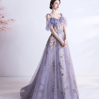 Purple tulle sequins long prom dress A line evening gown - Thumbnail 1