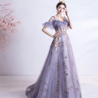 Purple tulle sequins long prom dress A line evening gown - Thumbnail 3