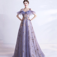 Purple tulle sequins long prom dress A line evening gown - Thumbnail 4