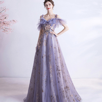 Purple tulle sequins long prom dress A line evening gown - Thumbnail 5