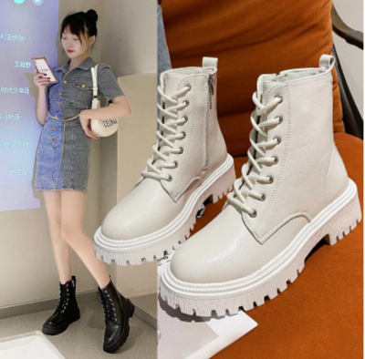 Combat Boots Women White PU Leather 