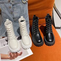 Combat Boots Women White PU Leather  - Thumbnail 4
