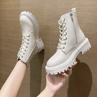 Combat Boots Women White PU Leather  - Thumbnail 2