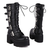 Black Bat Punk Goth Mid Calf Boots For Women - Thumbnail 3