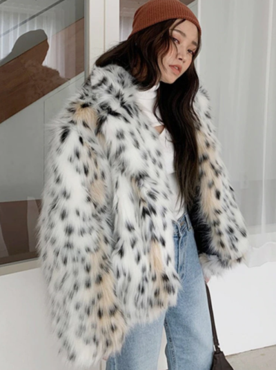  Cat Leopard Fur Jacket Long Sleeve Furry