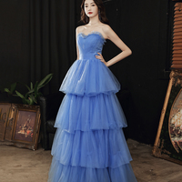 Blue tulle long A line prom dress blue evening gown - Thumbnail 1