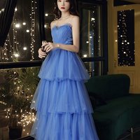 Blue tulle long A line prom dress blue evening gown - Thumbnail 2