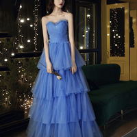 Blue tulle long A line prom dress blue evening gown - Thumbnail 3