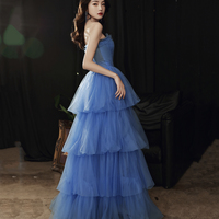 Blue tulle long A line prom dress blue evening gown - Thumbnail 5