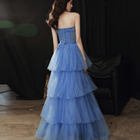 Blue tulle long A line prom dress blue evening gown - Thumbnail 6