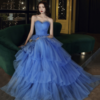 Blue tulle long A line prom dress blue evening gown - Thumbnail 7
