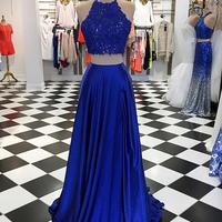 Royal Blue Two-Piece Long Prom Dress with Lace Top,Blue Evening Dress with Split,1164 - Thumbnail 2