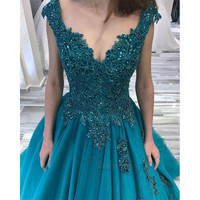 Gorgeous V Neck Teal Long Formal Dress,Lace Appliques Prom Dresses,Beaded Evening Dresses,1165 - Thumbnail 1