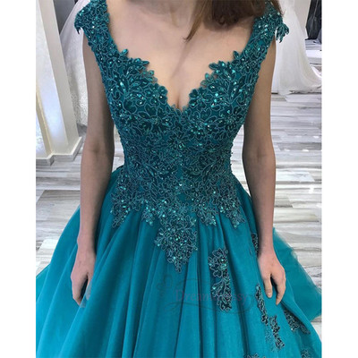 Gorgeous v neck teal long formal dress,lace appliques prom dresses,beaded evening dresses,1165