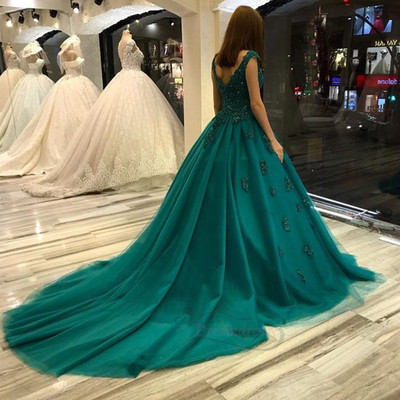 Gorgeous V Neck Teal Long Formal Dress,Lace Appliques Prom Dresses,Beaded Evening Dresses,1165