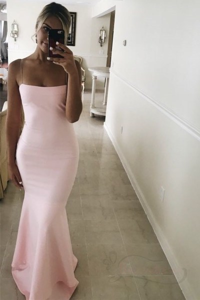 Simply Elegant Pink Mermaid Long Formal Dress with Straps,1166