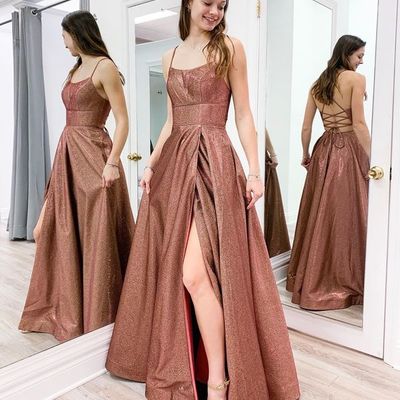 Elegant straps rose gold long prom dress,cheap prom dresses,side slit evening dresses,1167 - Thumbnail 2