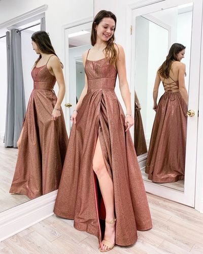Elegant Straps Rose Gold Long Prom Dress,Cheap Prom Dresses,Side Slit Evening Dresses,1167