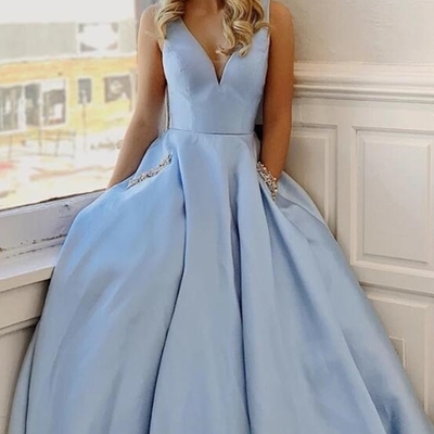 Simple light sky blue prom dress with pockets,1168