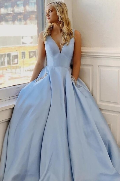 Simple Light Sky Blue Prom Dress with Pockets,1168