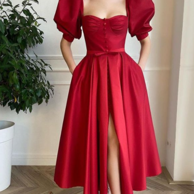 Vintage a-line sweetheart half sleeves dark red ankle length prom dresses with slit,1170 - Thumbnail 3